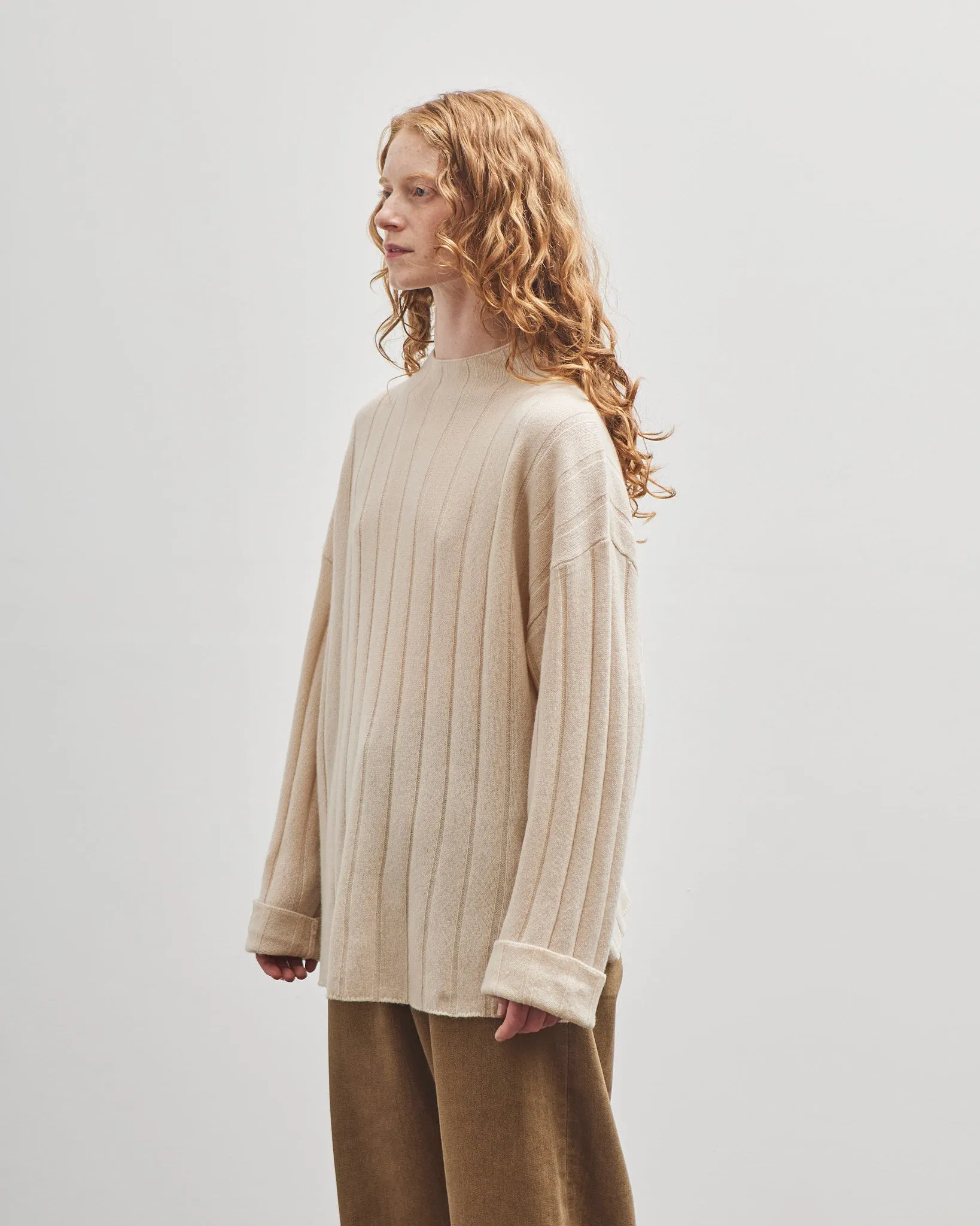 7115 by Szeki Merino Wide Ribbed Sweater, Beige-White