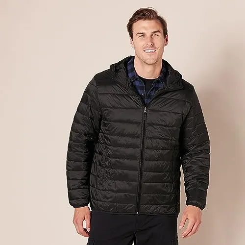 Amazon Essentials Men's Lightweight Water-Resistant Packable Hooded Puffer Jacket, Black, Medium