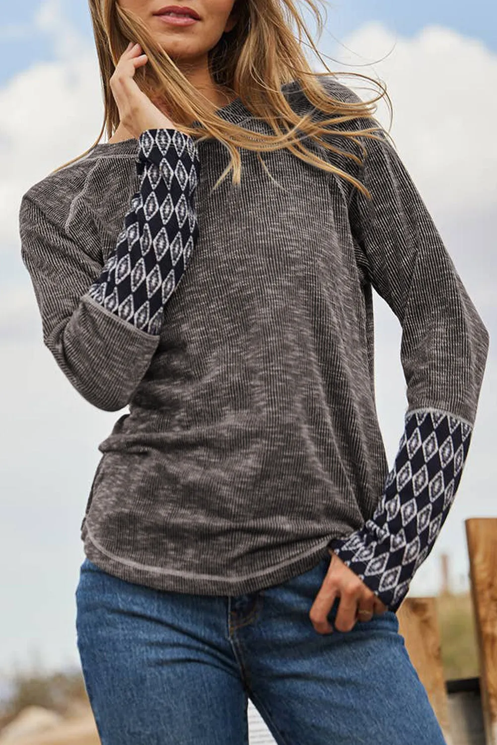 Aztec Ribbed Long Sleeve Top