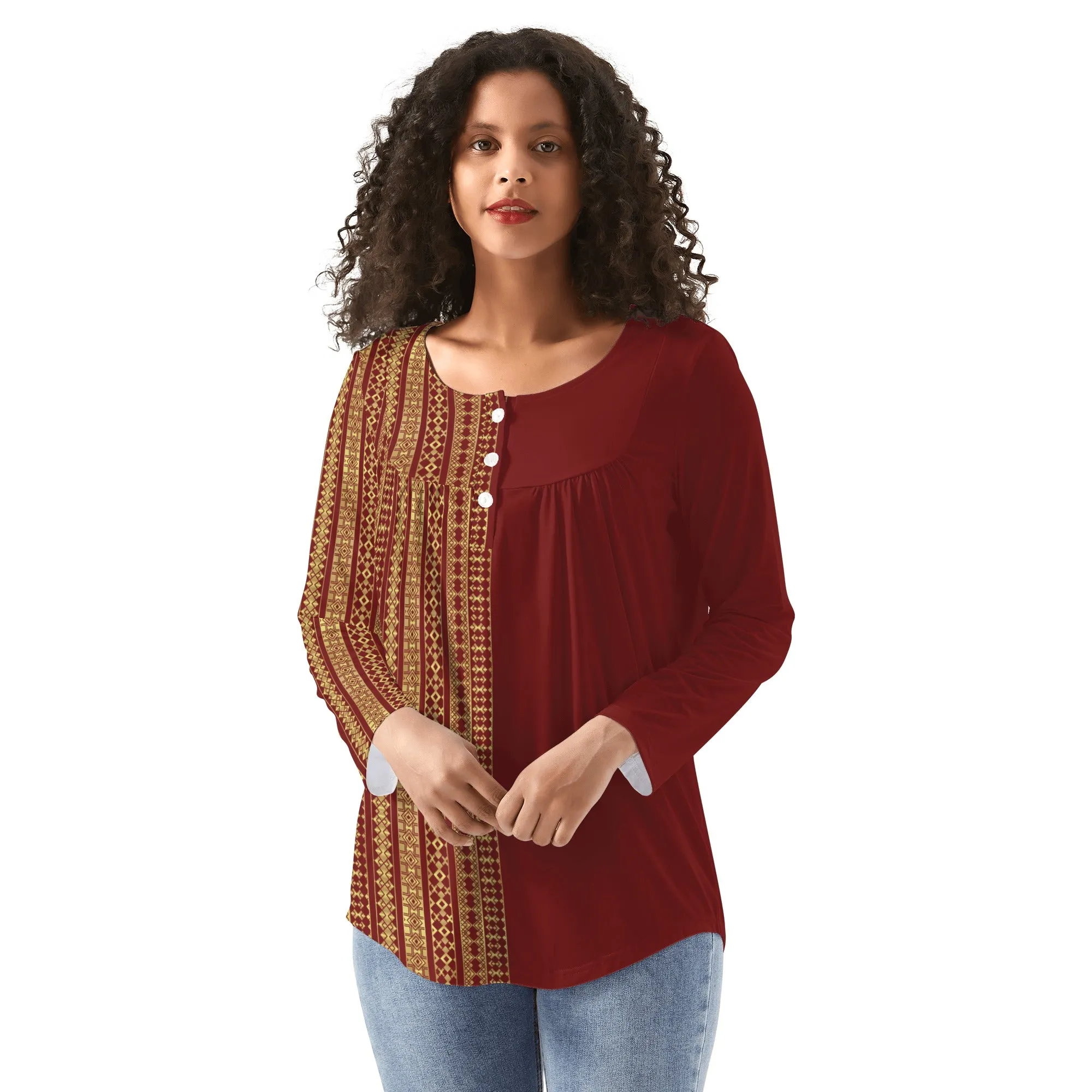 Babydoll Pattern Velvet Dark Red Casual Neck Top