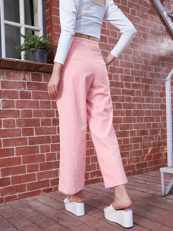 Berrylush Women Solid Peach High-Rise Waist Two-Pocket Button-Up Wide-Leg Regular Pants