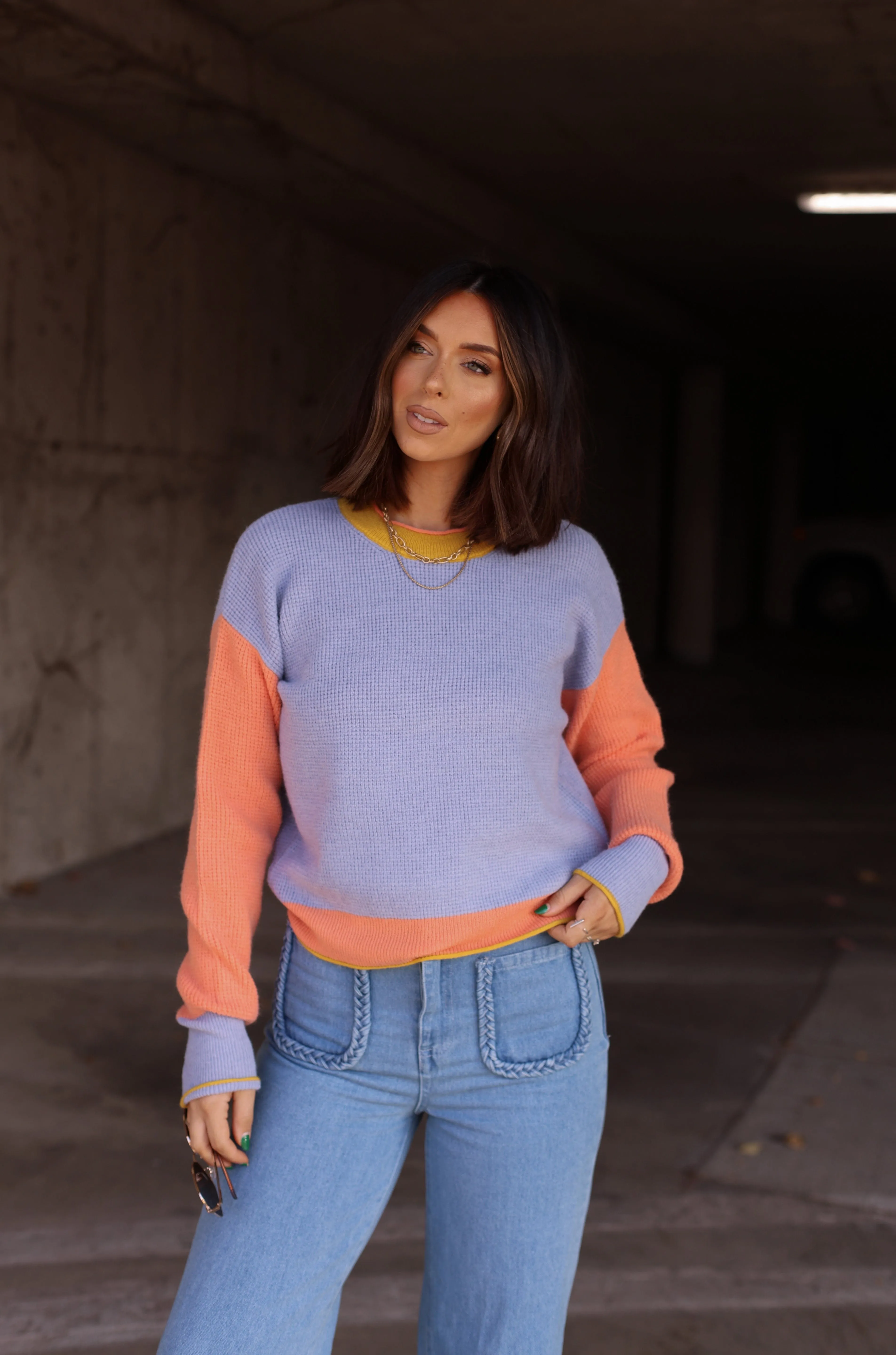 Blue Color Block Knit Sweater