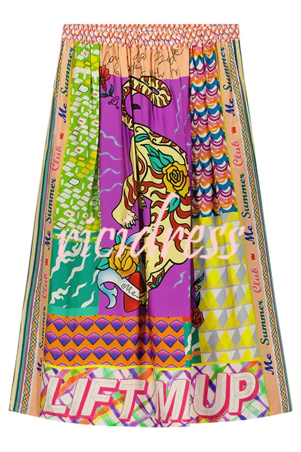 Boho Chic Satin Colorful Unique Print Elastic Waist Pocket Vacation Midi Skirt