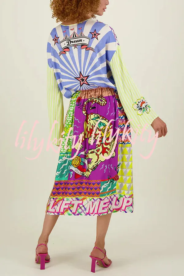 Boho Chic Satin Colorful Unique Print Elastic Waist Pocket Vacation Midi Skirt