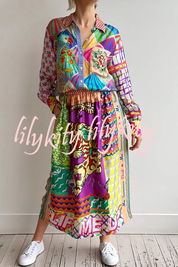 Boho Chic Satin Colorful Unique Print Elastic Waist Pocket Vacation Midi Skirt