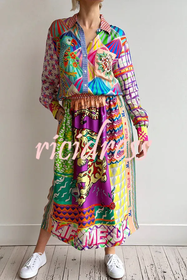 Boho Chic Satin Colorful Unique Print Elastic Waist Pocket Vacation Midi Skirt