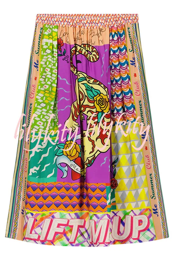 Boho Chic Satin Colorful Unique Print Elastic Waist Pocket Vacation Midi Skirt