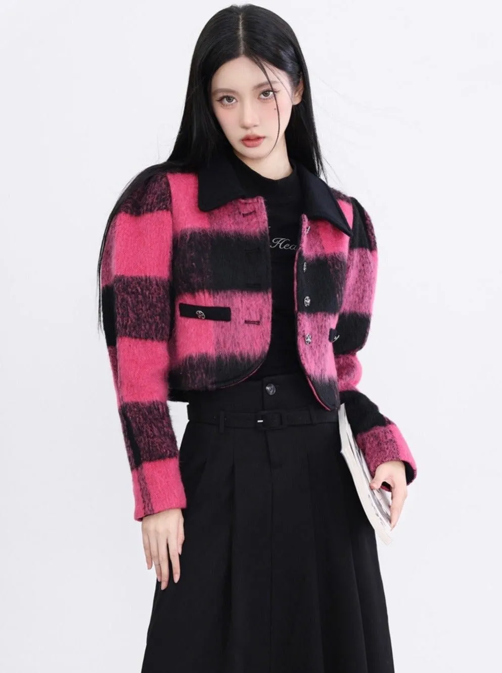 Bold Buffalo Plaid Cropped Jacket: Pink and Black Fuzzy Wool Blend with Contrast Collar