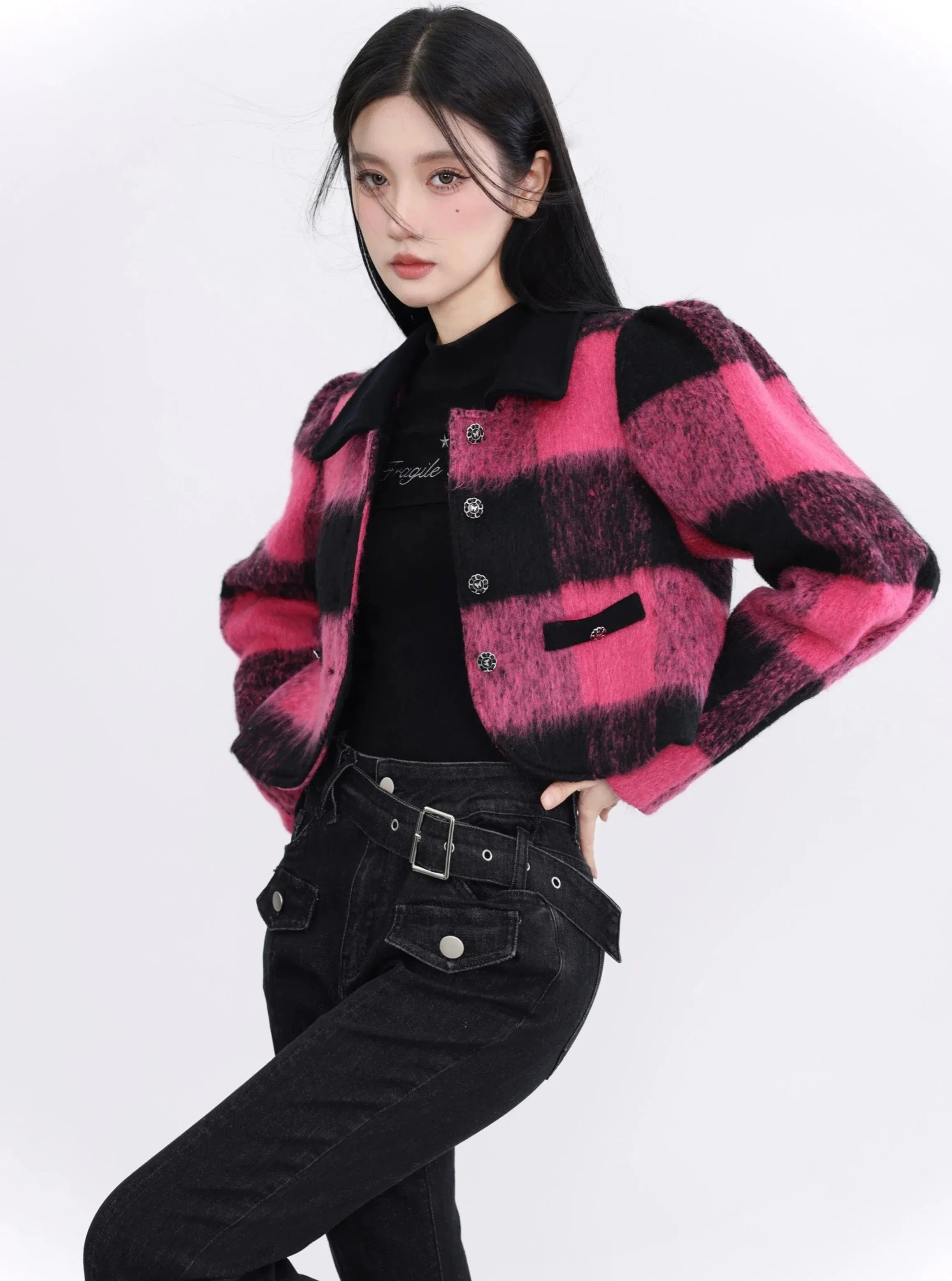 Bold Buffalo Plaid Cropped Jacket: Pink and Black Fuzzy Wool Blend with Contrast Collar