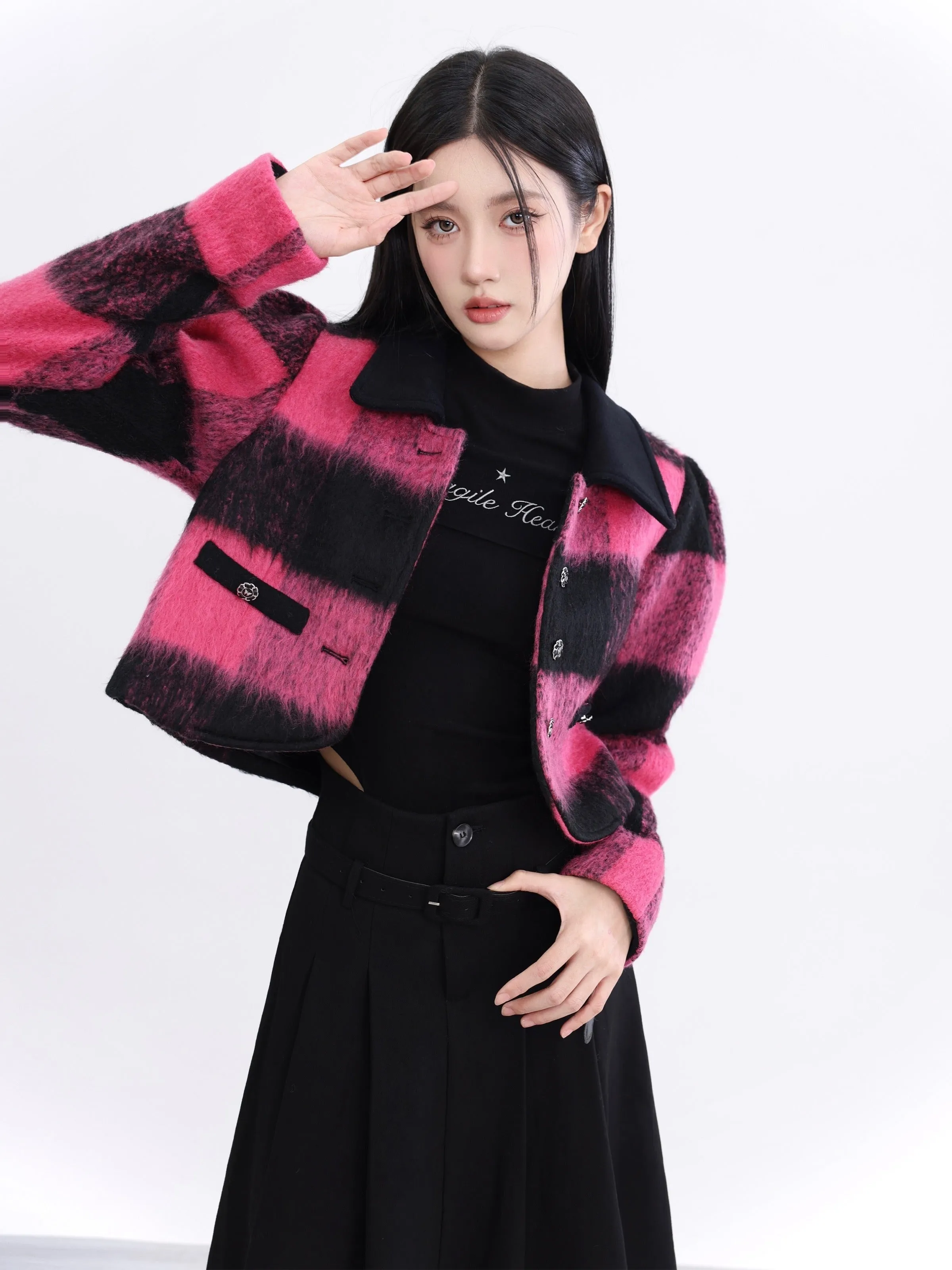 Bold Buffalo Plaid Cropped Jacket: Pink and Black Fuzzy Wool Blend with Contrast Collar