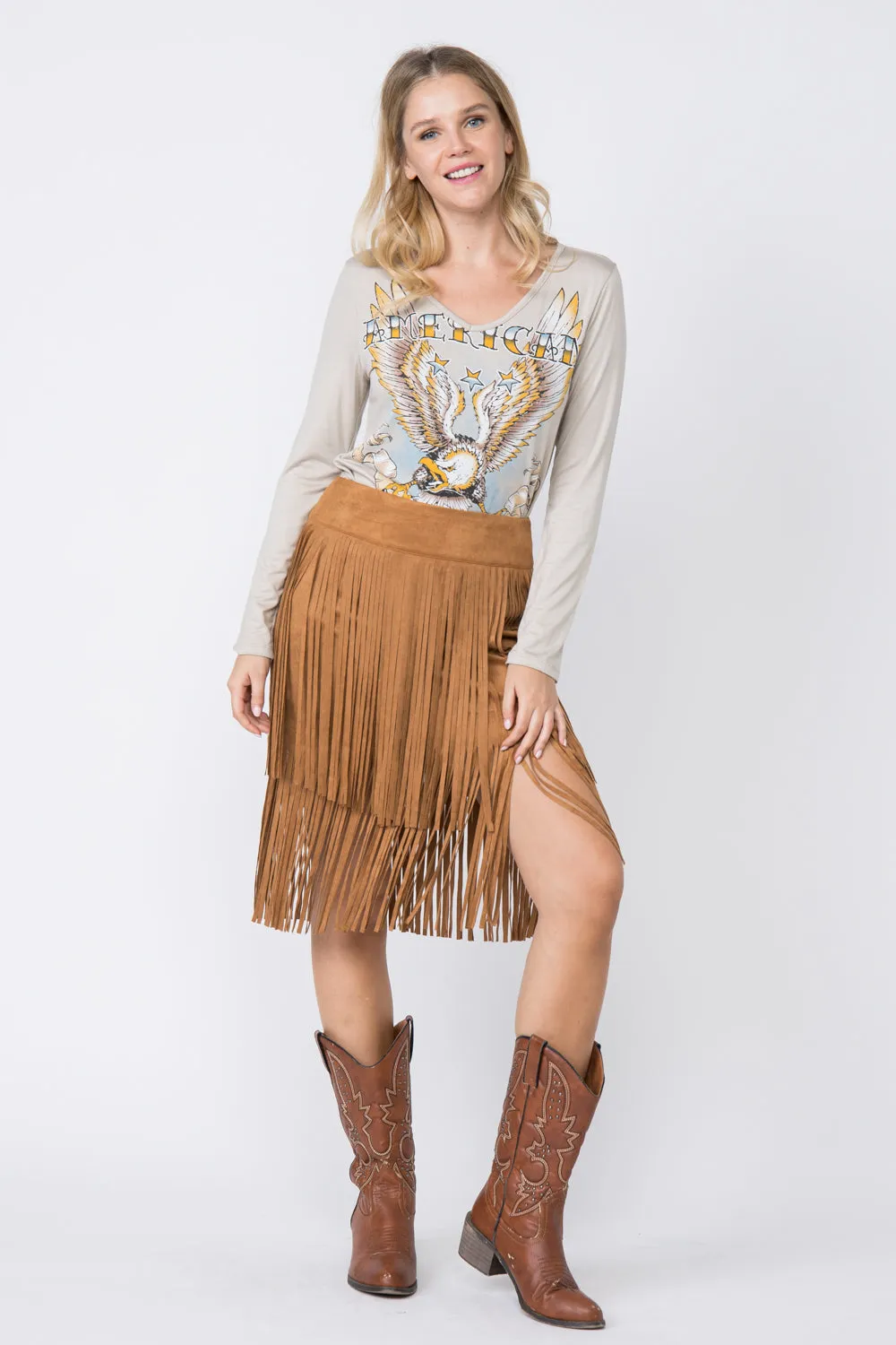 Camel Ultra Suede Fringe Mini Skirt