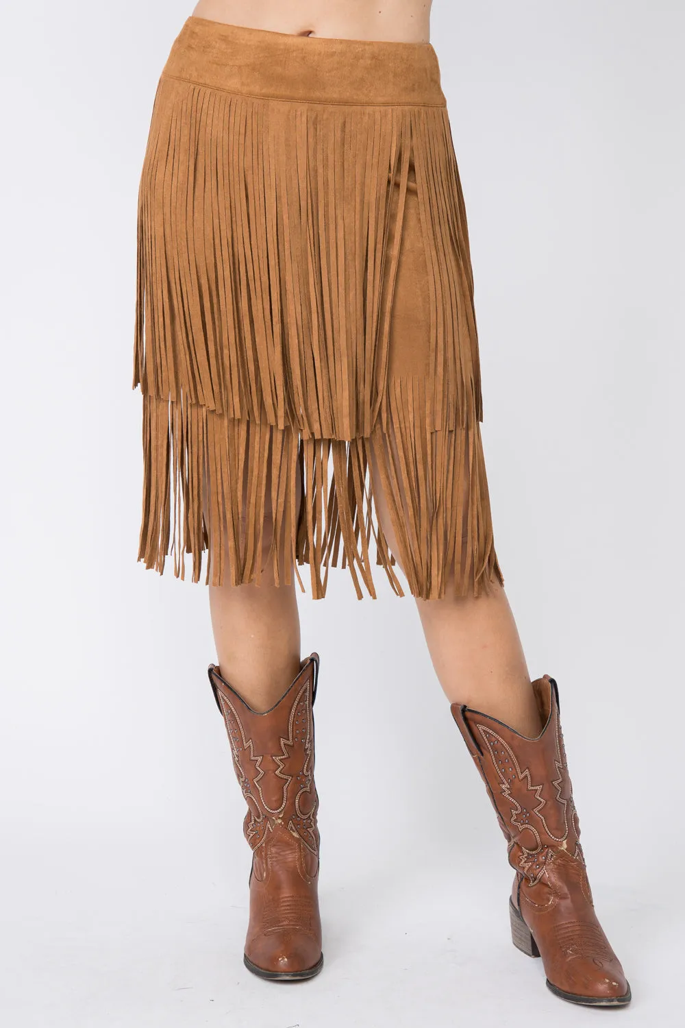 Camel Ultra Suede Fringe Mini Skirt