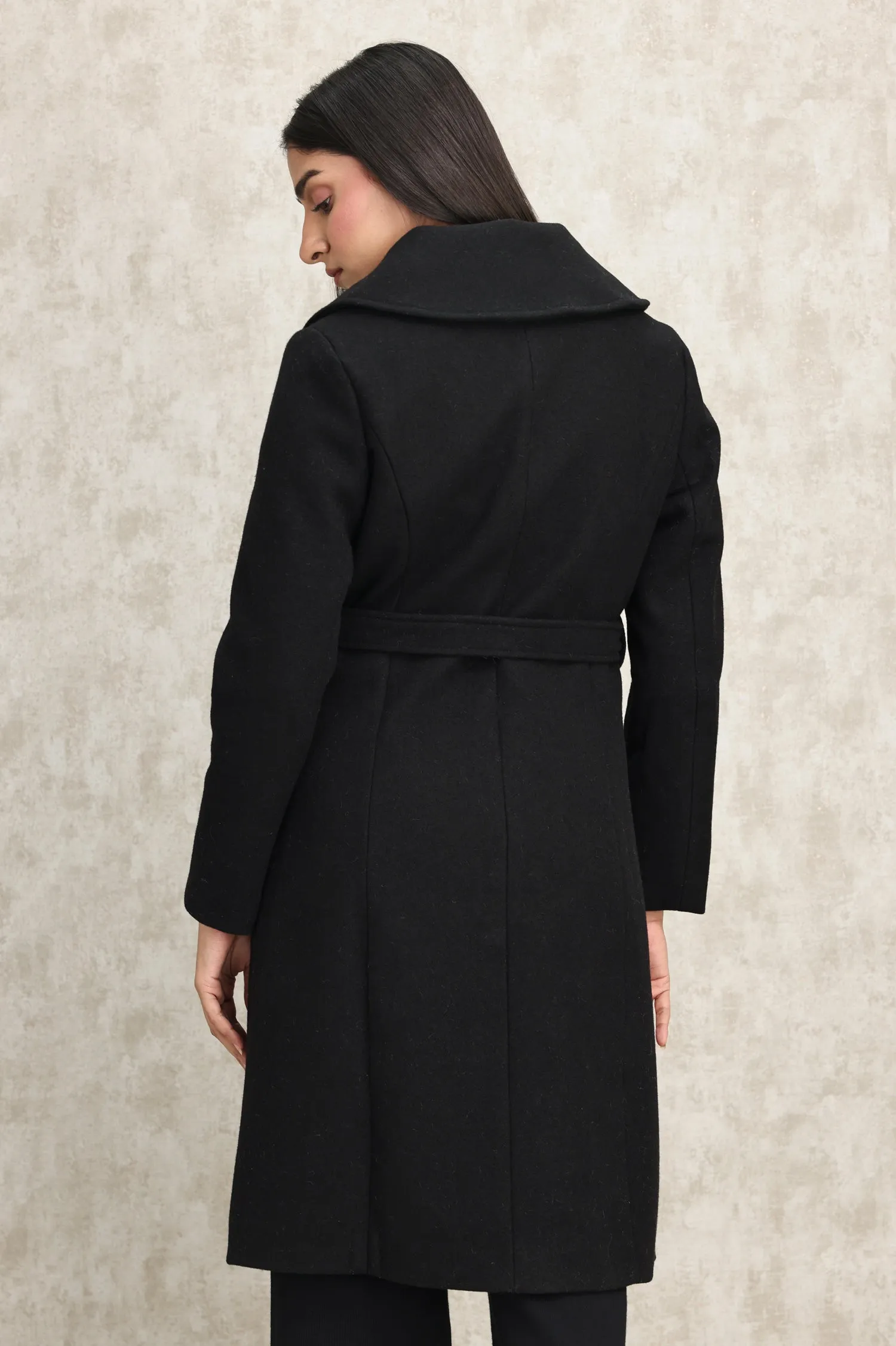 DOUBLE-BREASTED WOOL BLEND OVERCOAT-BLACK