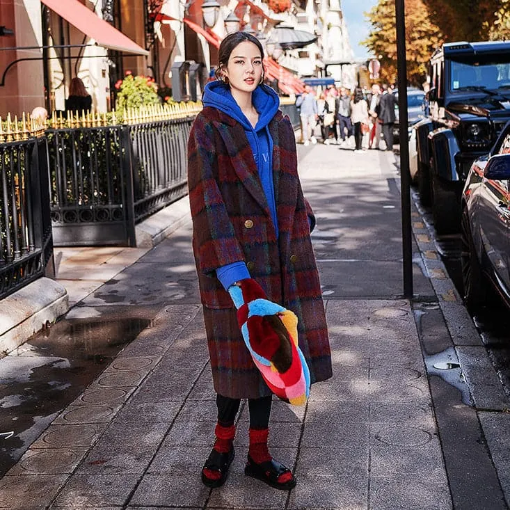 Fine red blue Plaid coats plus size Notched trench coat New double breasted Wool Coat