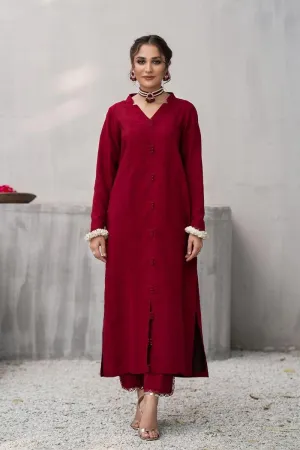 Fozia Khalid - Maroon Korean Silk Pishwas with Pants - 2 Piece