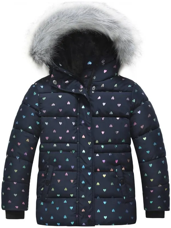 Girl's Quilted Winter Coat Thicken Puffer Jacket with Fur Hood