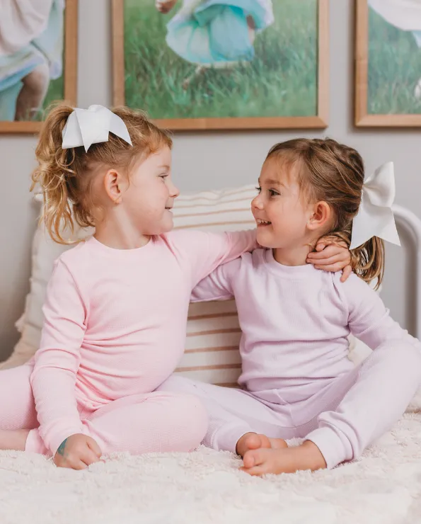 Girls Soft & Cozy Thermal 2-Piece Long Johns | Lavender w- Light Pink Stitch