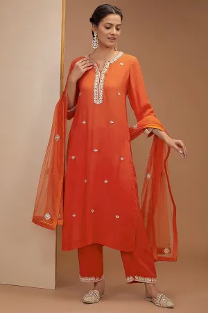 Gota Patti Embroidred Kurta Set In Tangy Red Color.