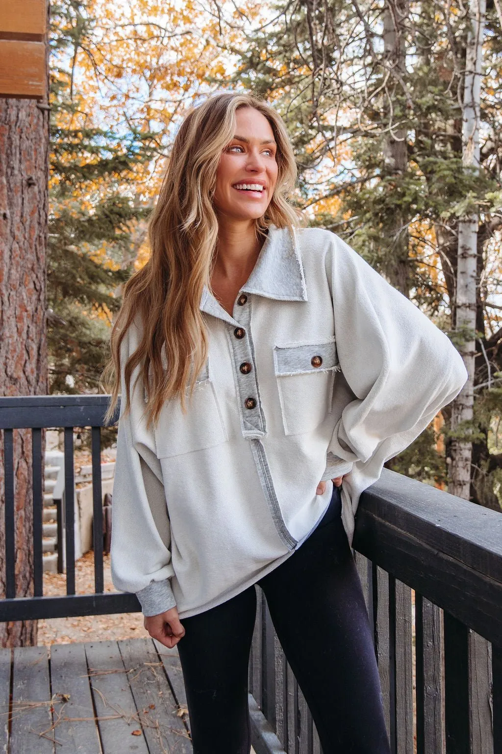 Heather Grey Button Up Thermal Pullover