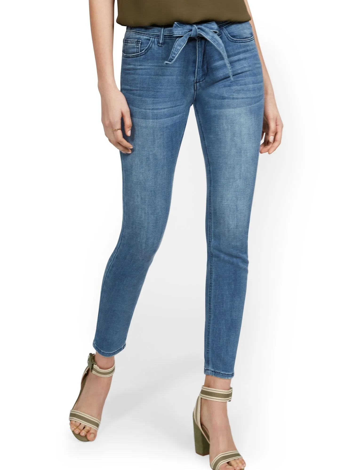 High-Waisted Tie-Front Skinny Ankle Jeans - Medium Blue Wash