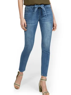 High-Waisted Tie-Front Skinny Ankle Jeans - Medium Blue Wash