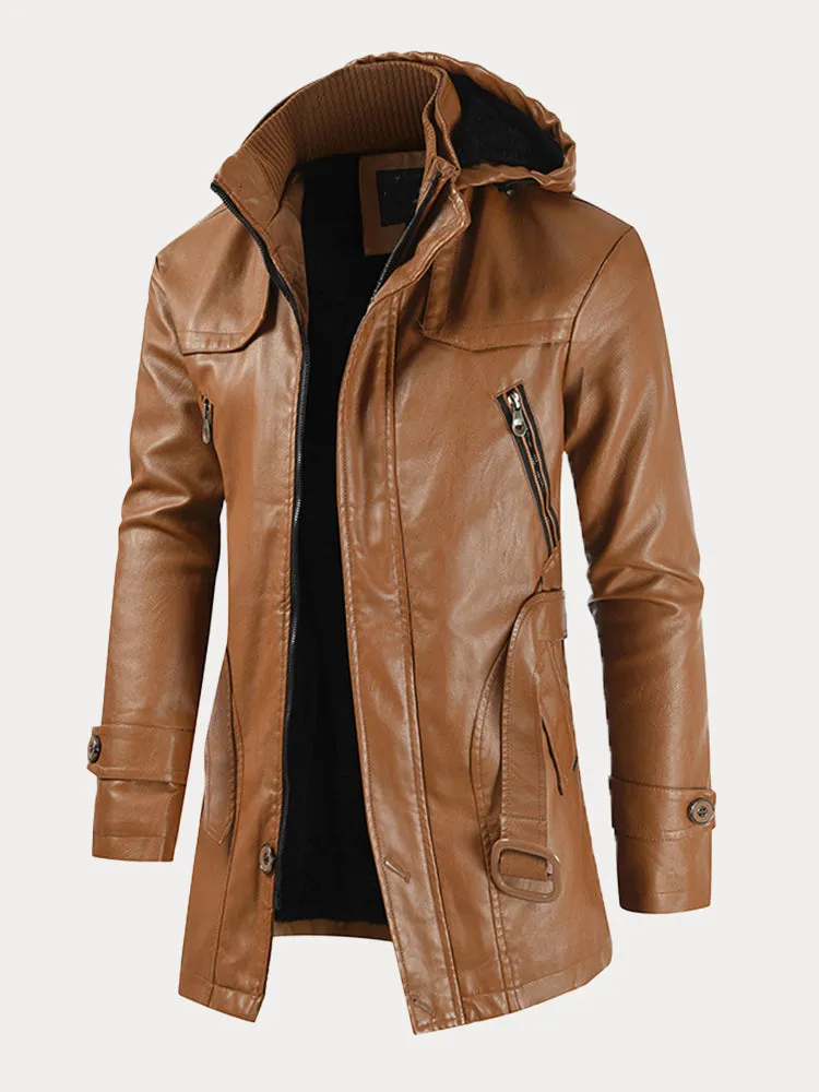 Hooded Leather Trench Coat with Belt