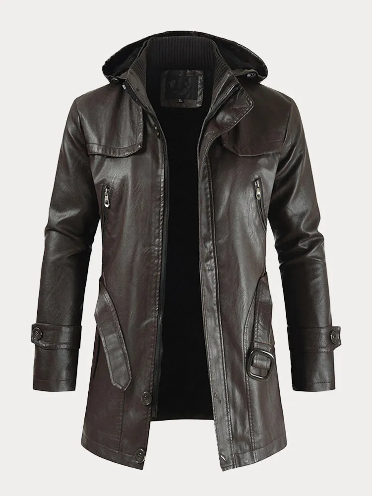 Hooded Leather Trench Coat with Belt