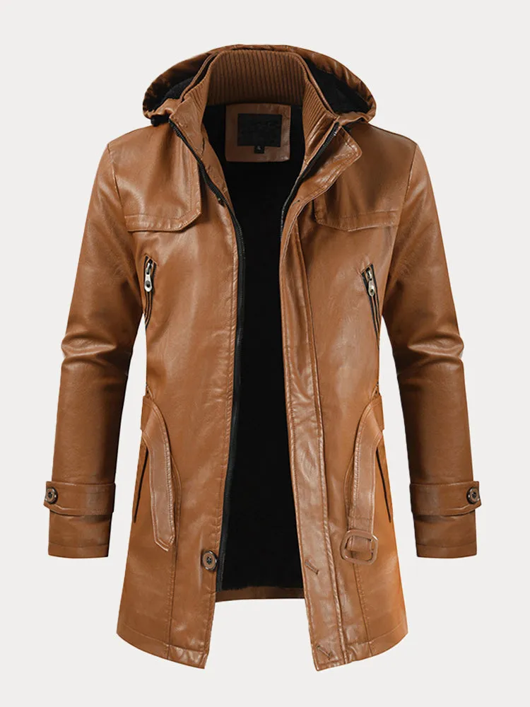 Hooded Leather Trench Coat with Belt