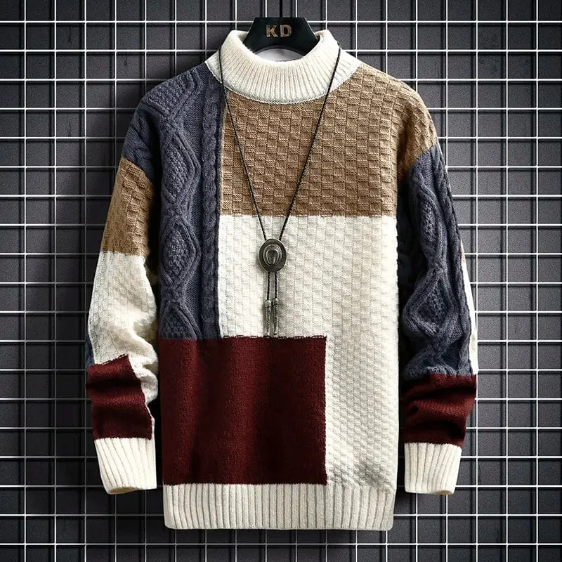 Jupiter Sweater - Elevate Your Style: Colour-Blocked Half High Collar Warm Sweater - Long Sleeve Loose Knit Pullover