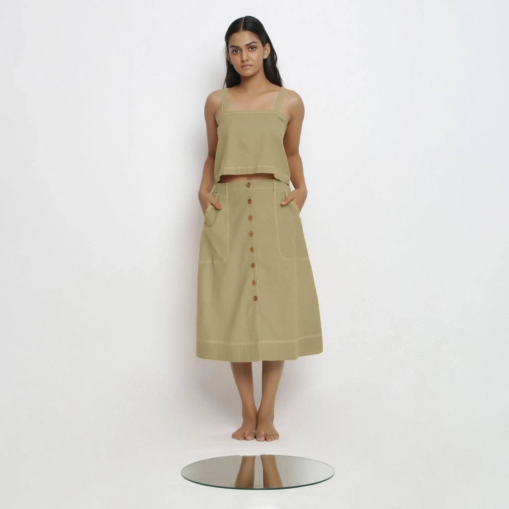 Khakhi Green 100% Cotton Button-Down Midi Skirt