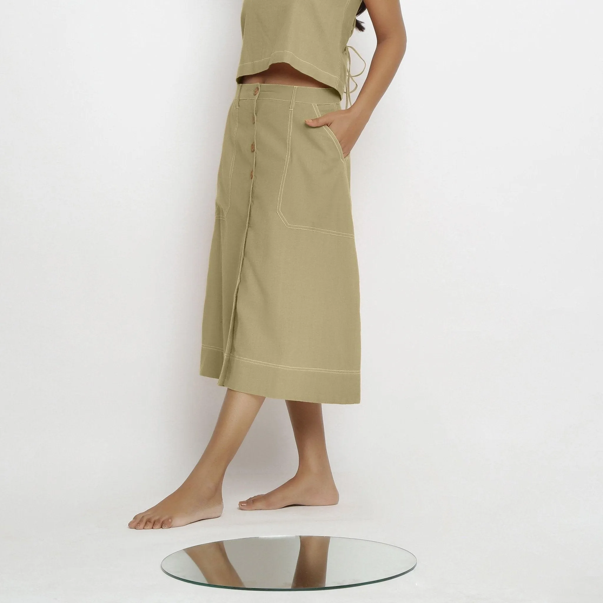 Khakhi Green 100% Cotton Button-Down Midi Skirt