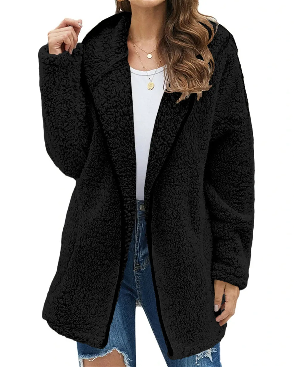 Lapel Hooded Plush Sweater