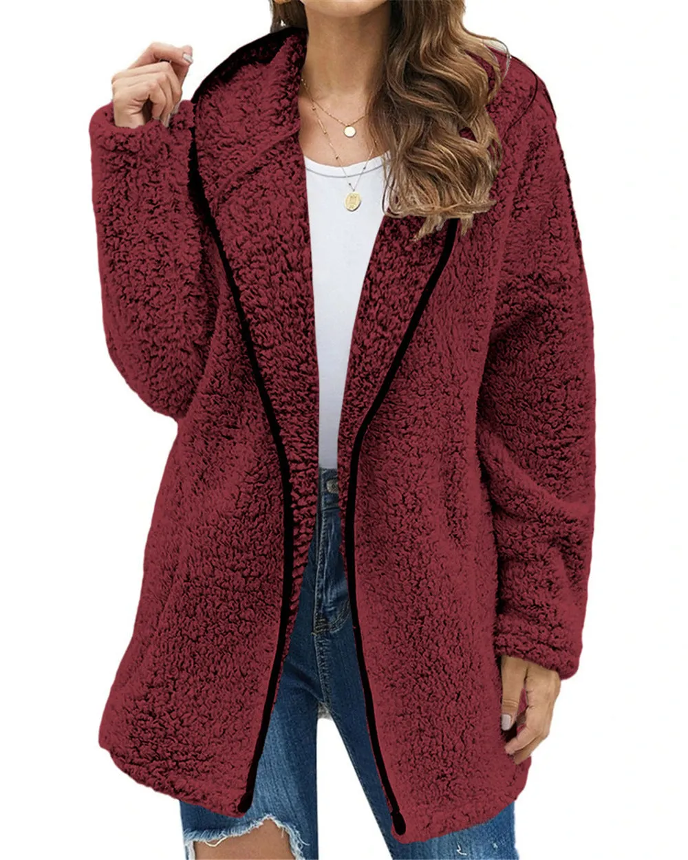 Lapel Hooded Plush Sweater