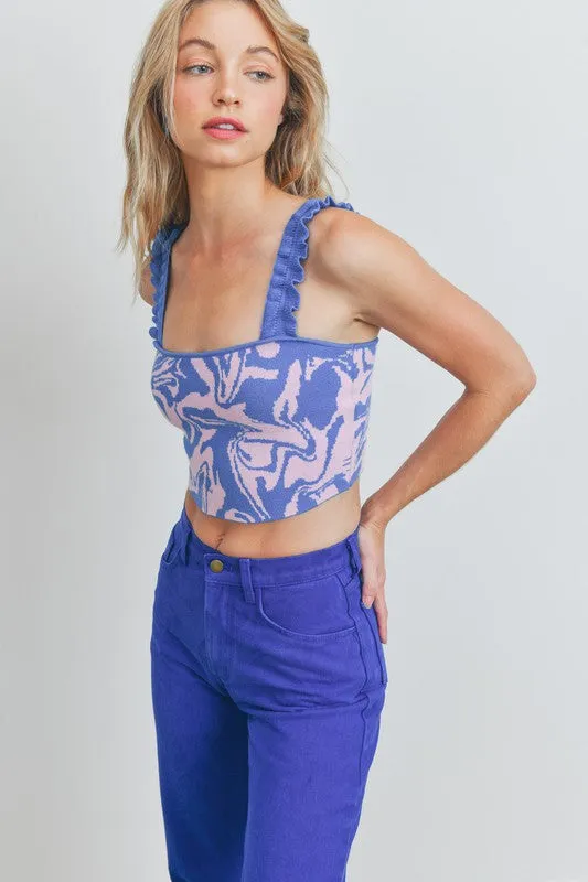 Mauve/Blue Pleated And Ruffled Strap Crop Top