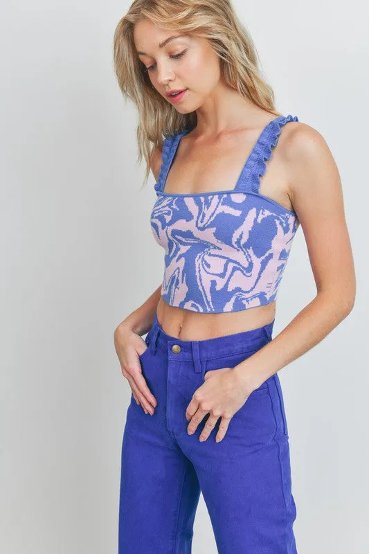 Mauve/Blue Pleated And Ruffled Strap Crop Top