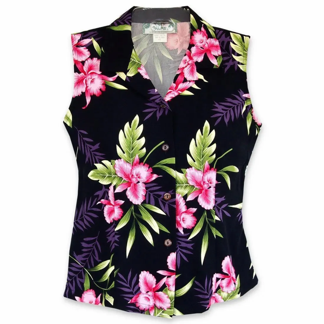 Midnight Black Lady's Hawaiian Sleeveless Blouse