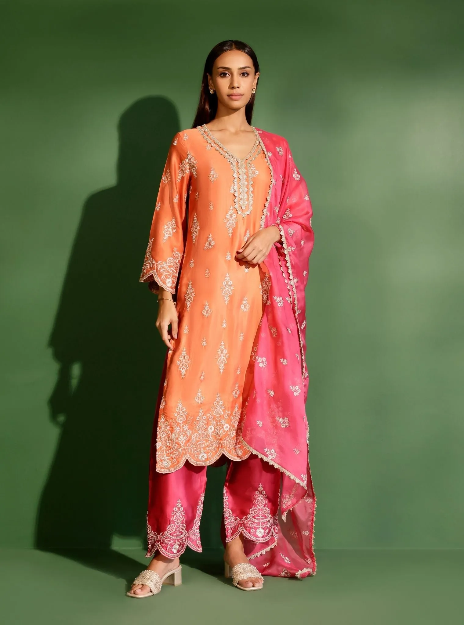 Mulmul Cupro Satin Emon Burnt Orange Kurta With Mulmul Cupro Satin Emon Fuschia Pant