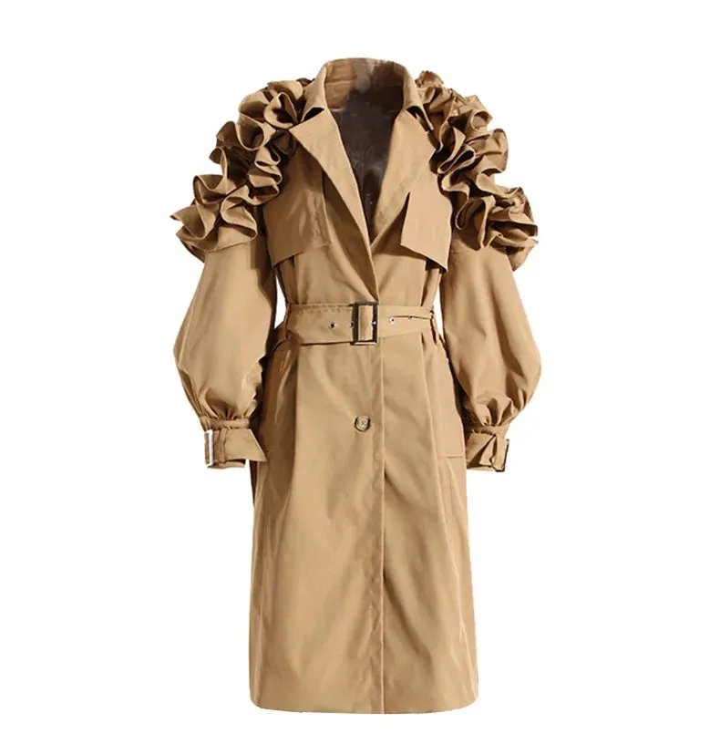 New! Luxe Elegant Ruffle Puff Sleeve Trench Coat