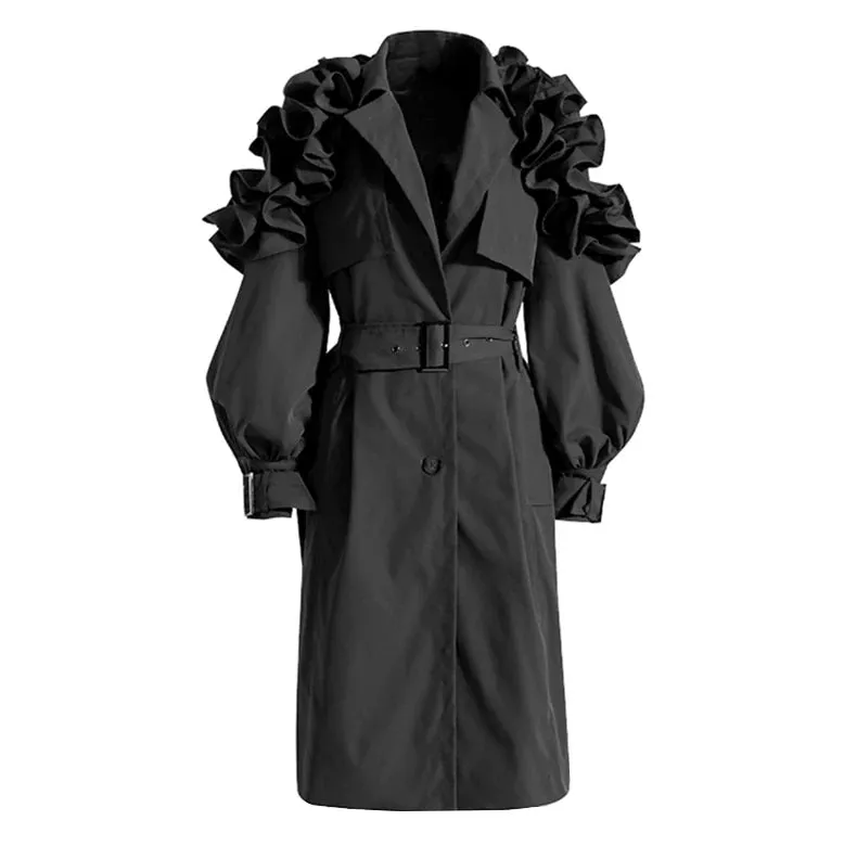 New! Luxe Elegant Ruffle Puff Sleeve Trench Coat