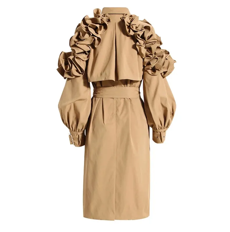 New! Luxe Elegant Ruffle Puff Sleeve Trench Coat