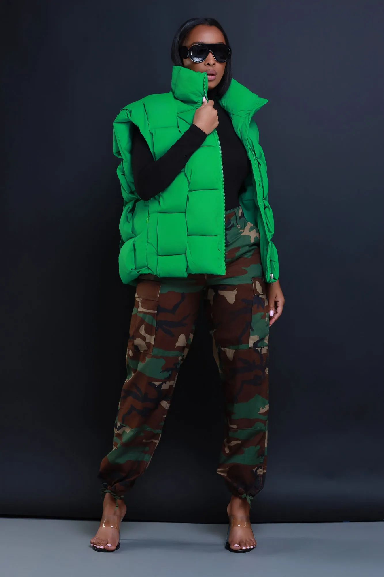 Nowhere Fast Sleeveless Oversized Puffer Vest - Green