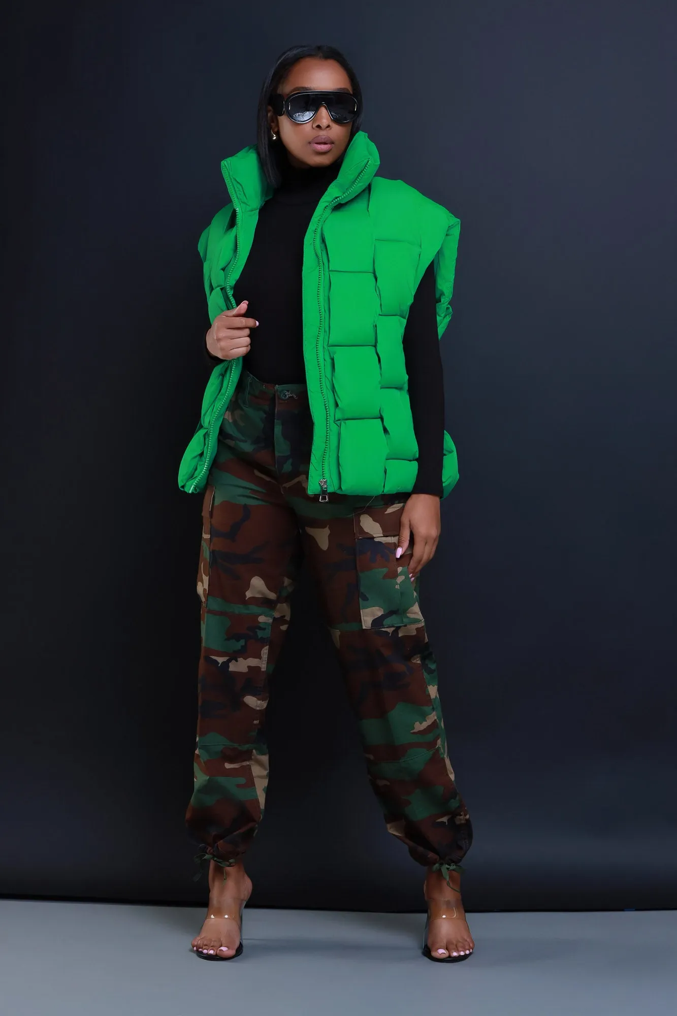 Nowhere Fast Sleeveless Oversized Puffer Vest - Green