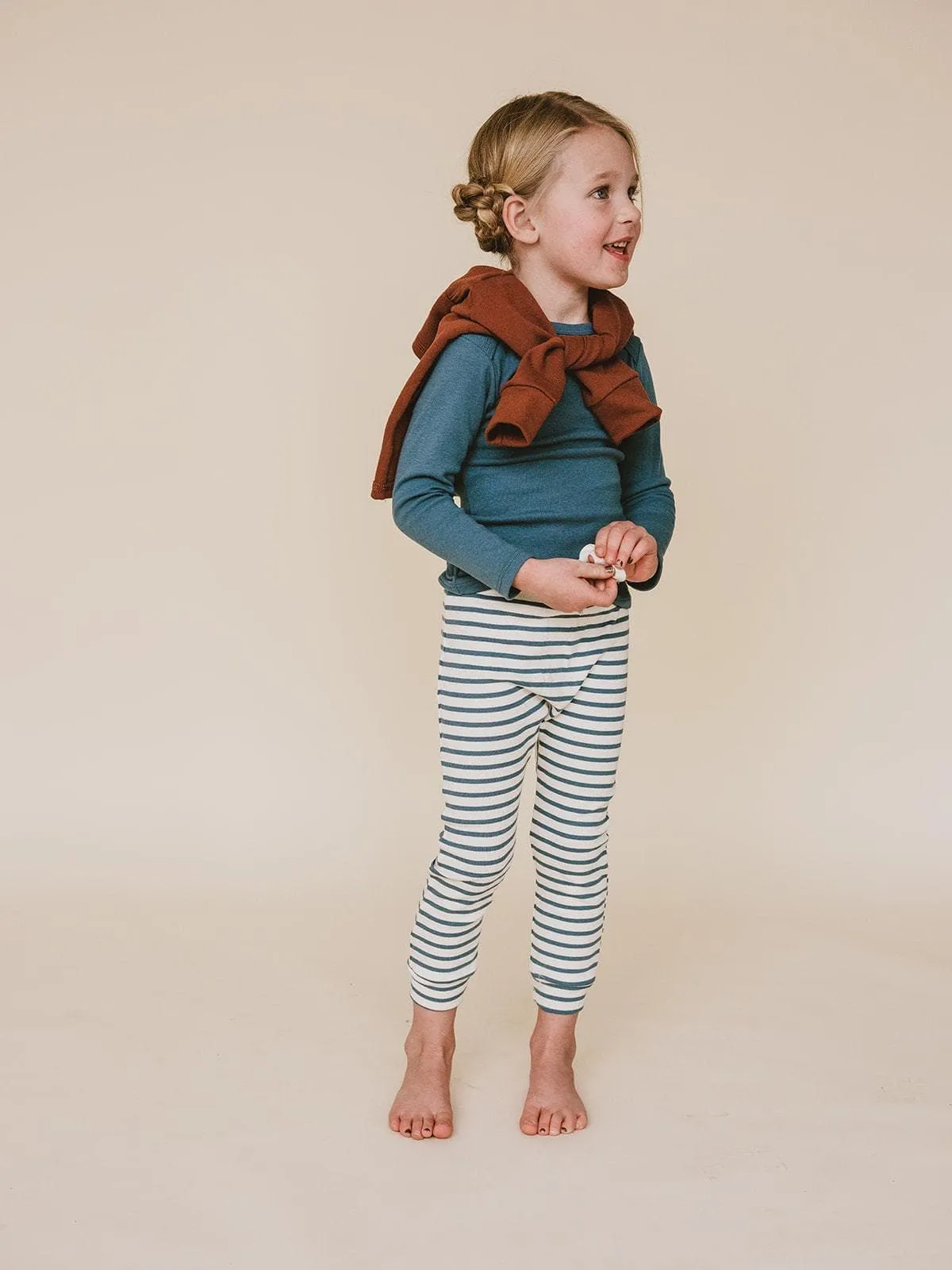 organic cotton drawstring striped leggings - natural/azure