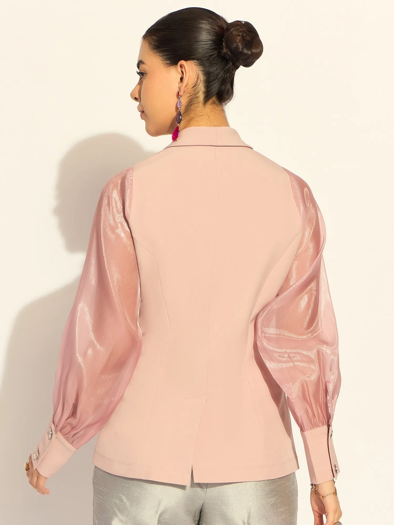 Pink Polyester Puffed-Sleeves Split Joint Lapel Top