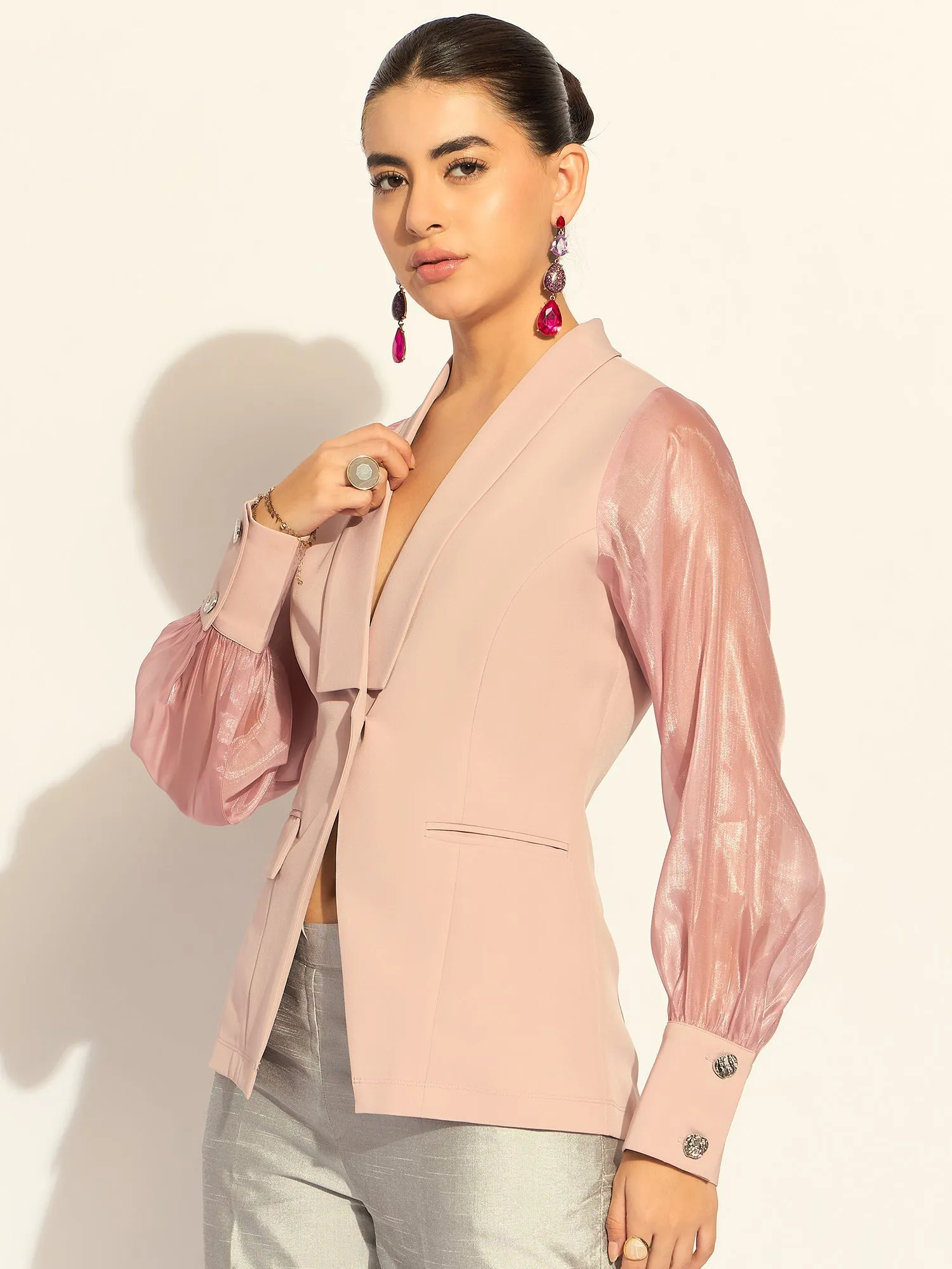 Pink Polyester Puffed-Sleeves Split Joint Lapel Top