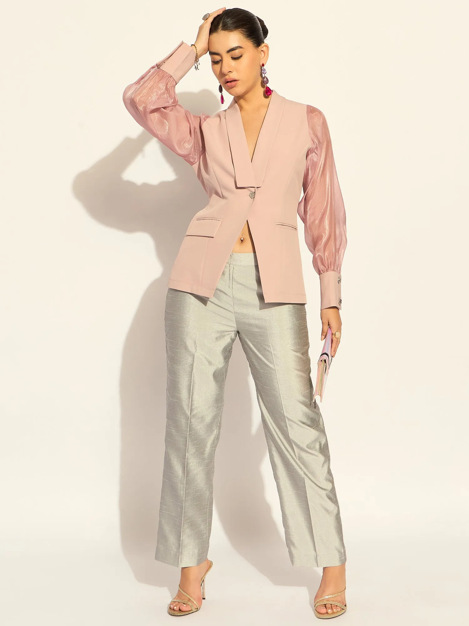 Pink Polyester Puffed-Sleeves Split Joint Lapel Top