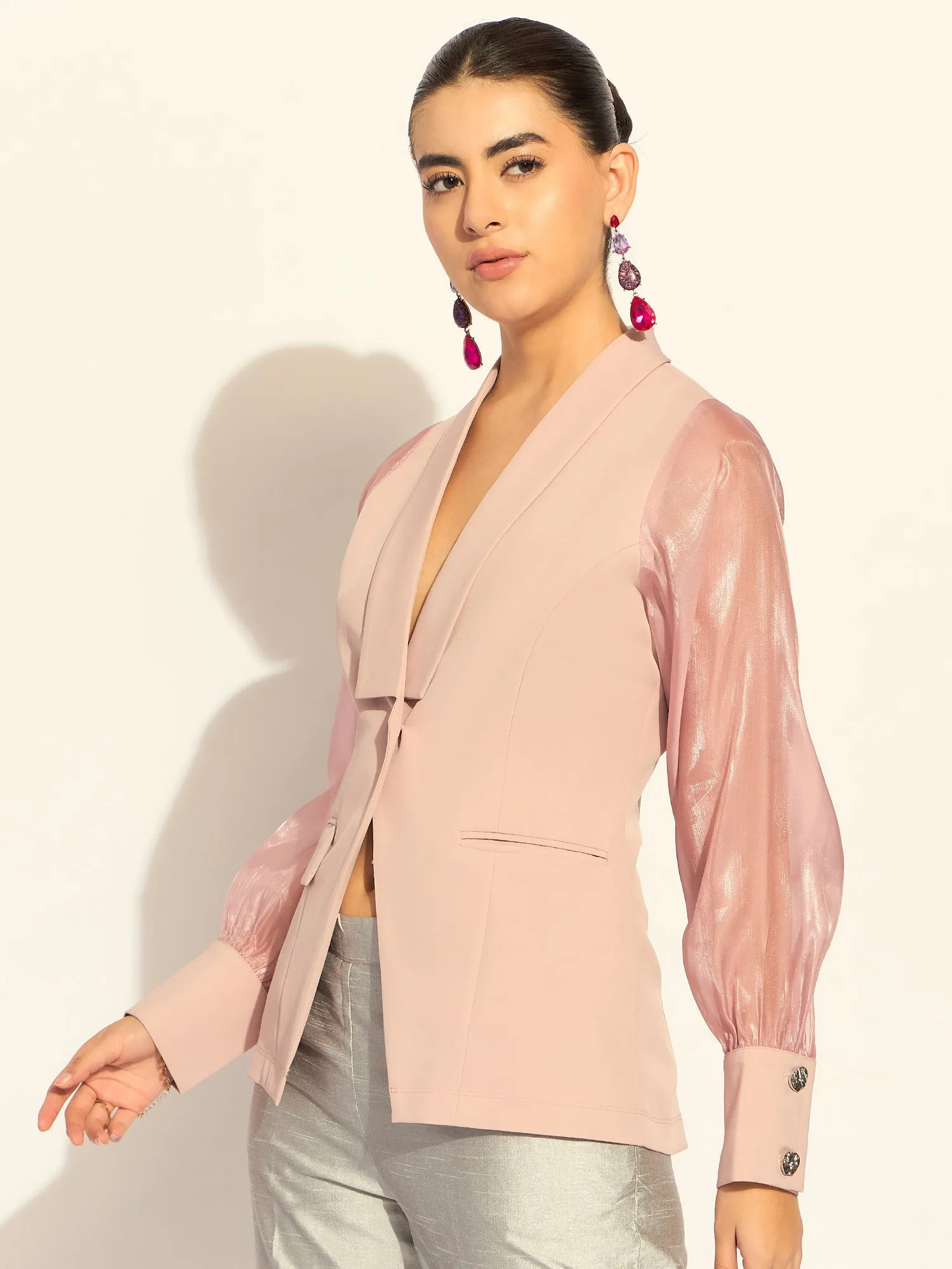 Pink Polyester Puffed-Sleeves Split Joint Lapel Top