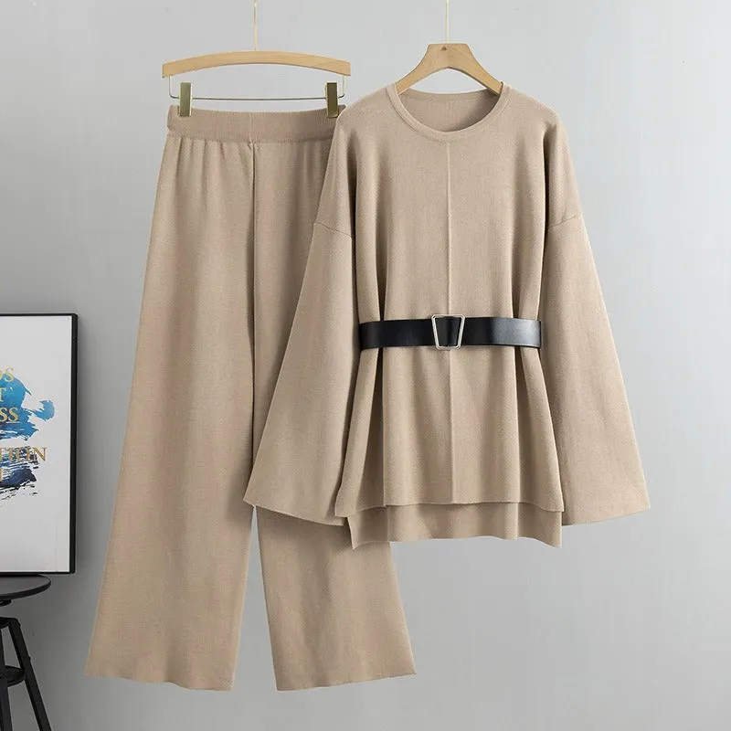 Pre Order: Knitted Loose Belted Sweater   Wide Leg Pants Set