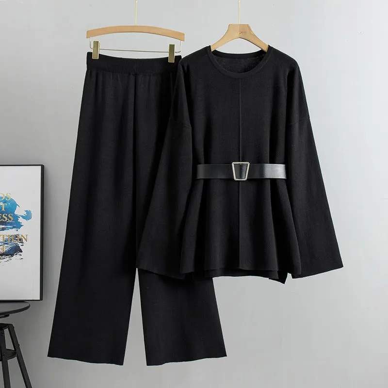 Pre Order: Knitted Loose Belted Sweater   Wide Leg Pants Set