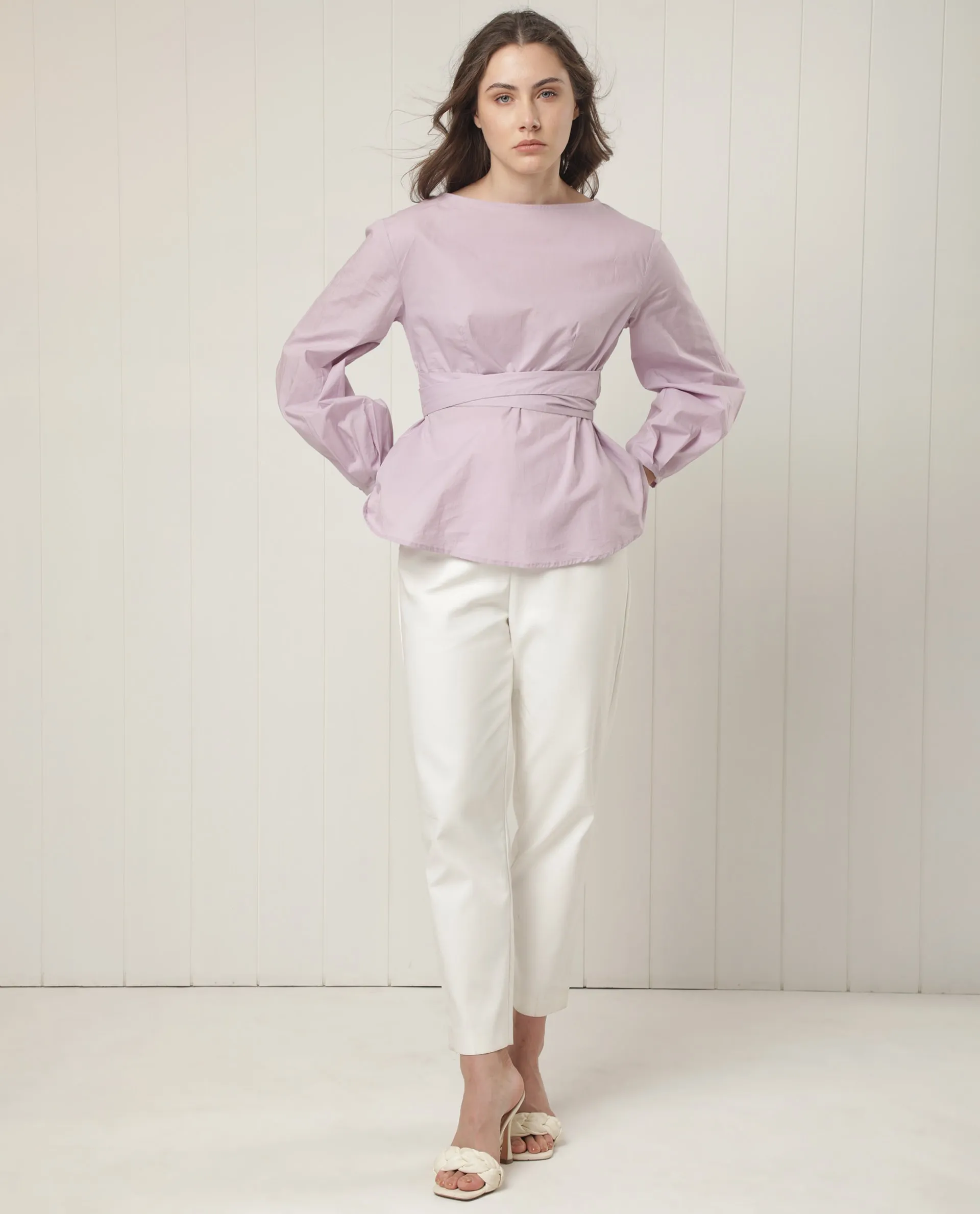 Rareism Women Tulipo Pastel Purple Cotton Fabric Full Sleeves Tie-Up Closure Boat Neck Regular Fit Plain Top